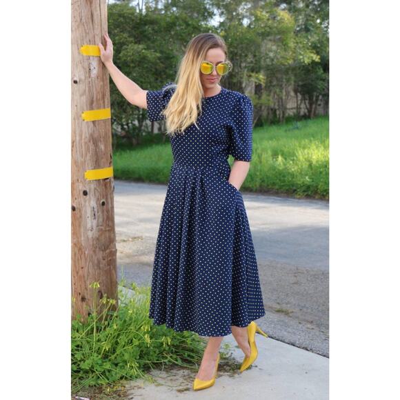 Vintage Navy Dress with Yellow Polka Dots, Full Skirt and Pockets Medium - Picture 9 of 10